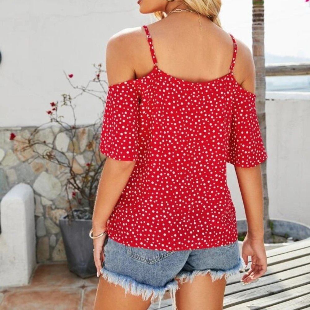 Boho Red White Dot Pattern Cold Flounce Shoulder … - image 2